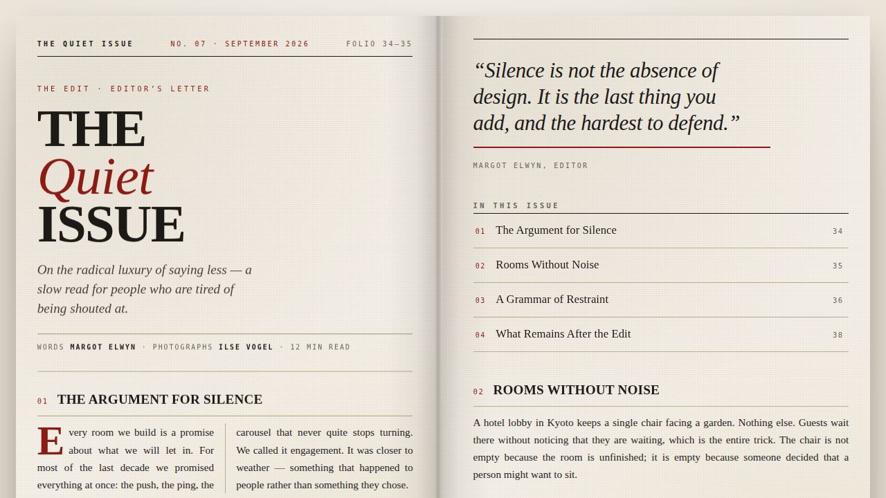 The Quiet Issue — a luxury print spread that refuses to shout — screenshot