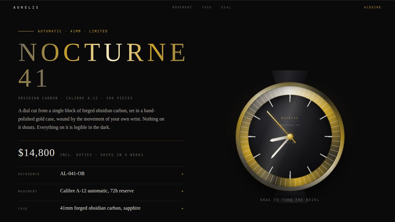 Nocturne 41 — an obsidian-and-gold automatic built entirely from divs — screenshot