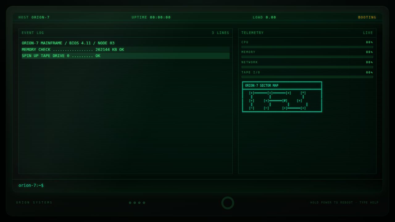 ORION-7 — a CRT mainframe that boots itself and answers your commands — screenshot