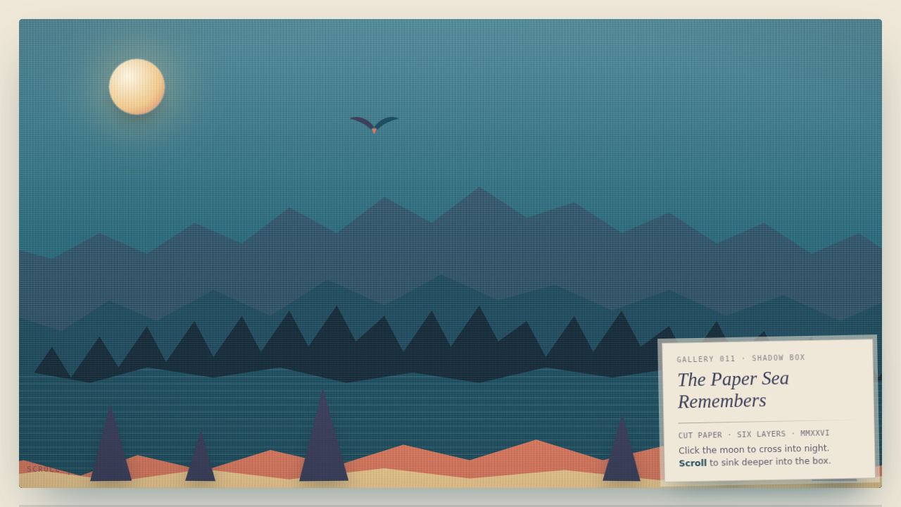 The Paper Sea Remembers — a construction-paper shadow box in six layers — screenshot