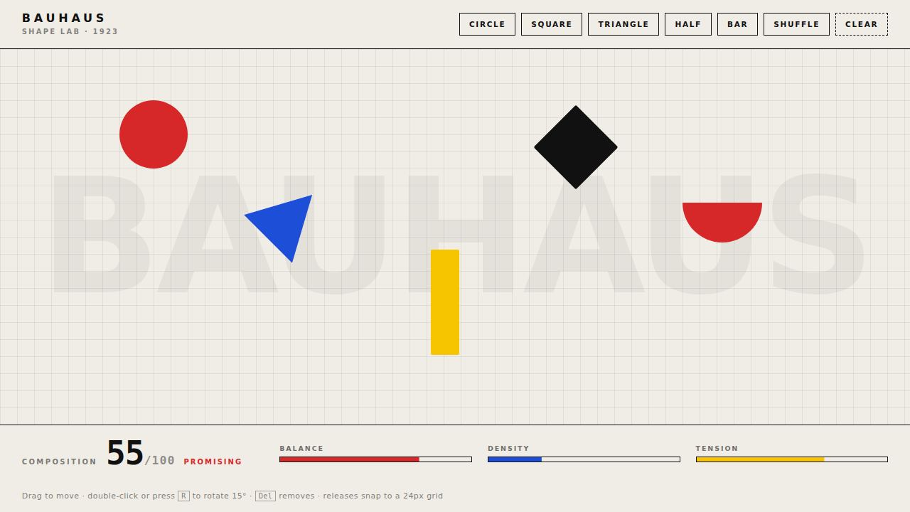 Bauhaus Shape Lab — a draggable composition playground with a live score strip — screenshot