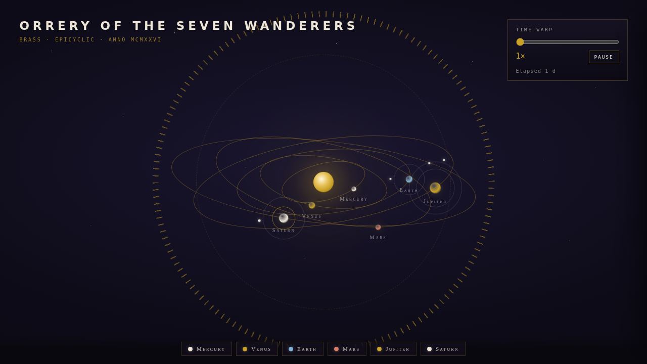 Orrery of the Seven Wanderers — a brass solar machine on a midnight dial — screenshot