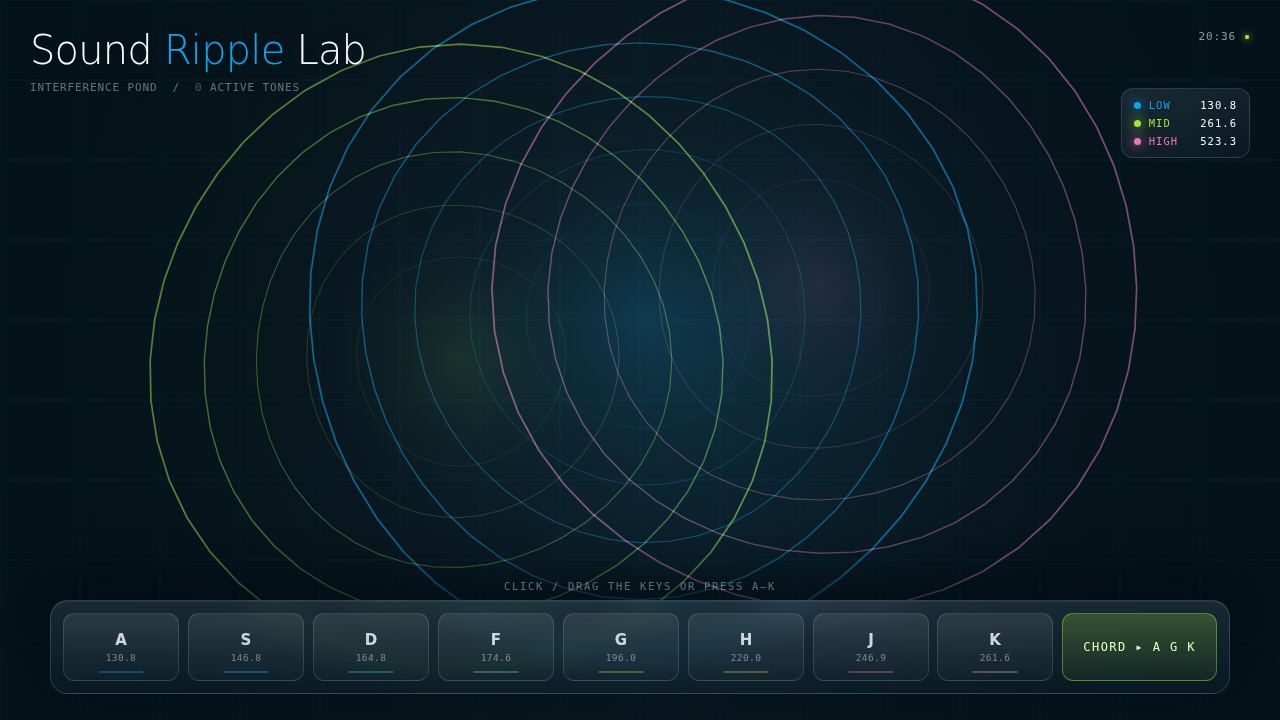 Sound Ripple Lab — a dark pond that remembers every note — screenshot