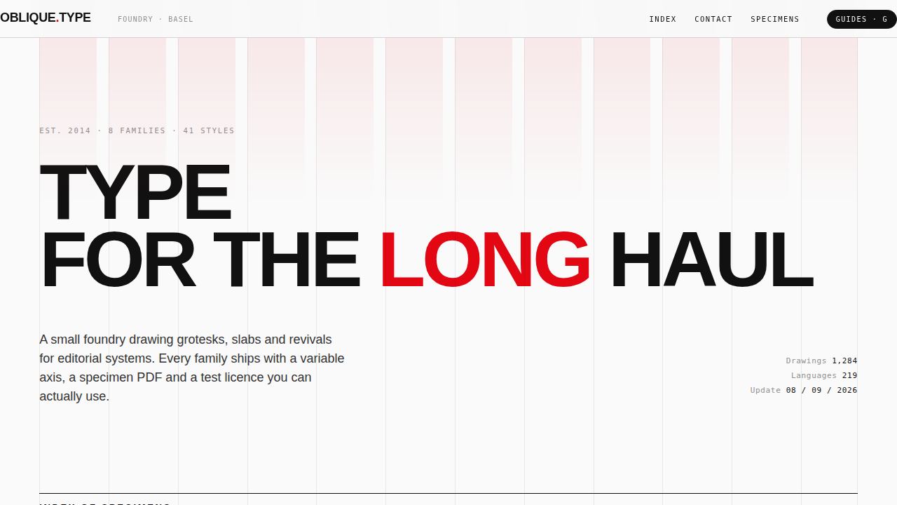 Oblique Type Foundry — an index set like a printed specimen — screenshot