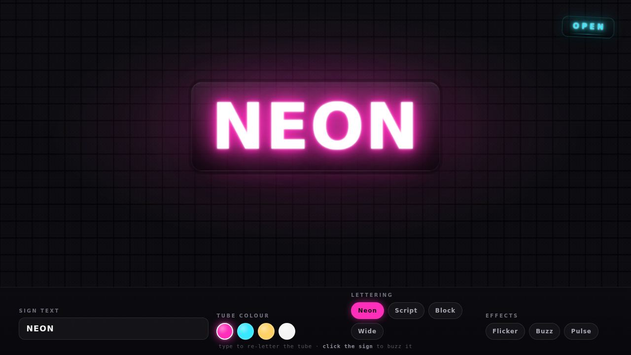 Neon Sign Shop — Tube Lettering Studio on a Brick Wall — screenshot