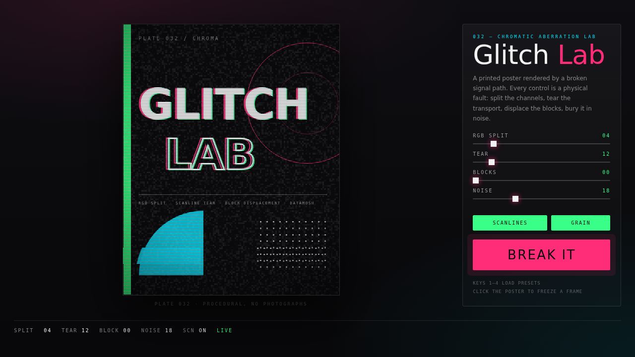 Glitch Lab — a poster rendered by a broken signal path — screenshot