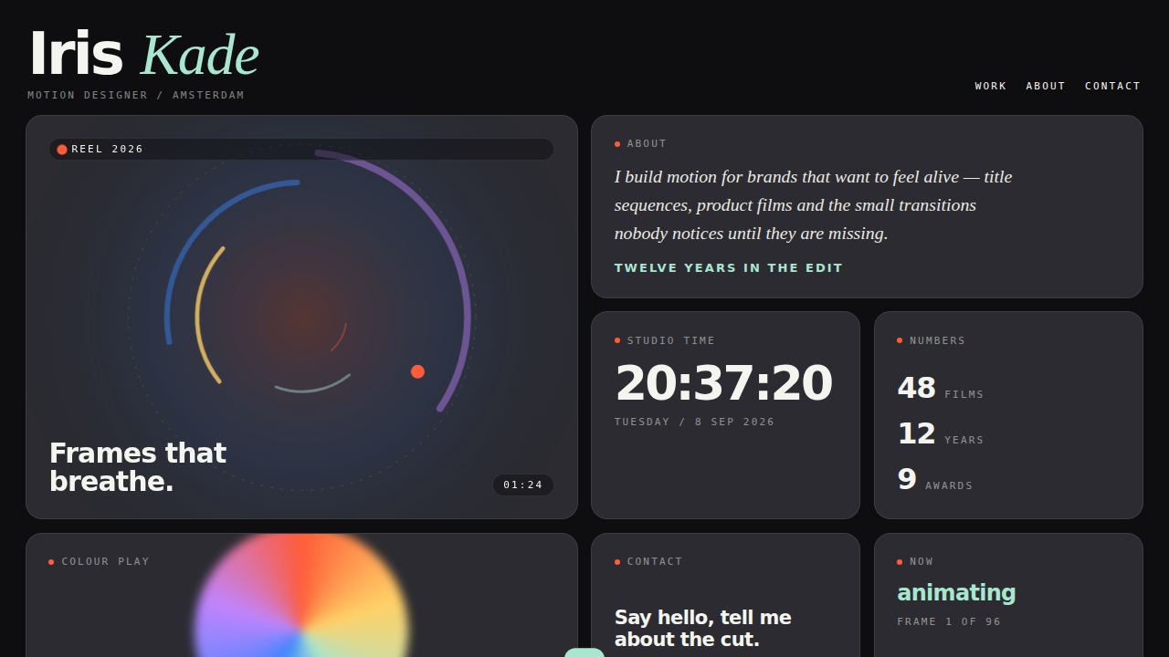 Iris Kade — Bento Motion Portfolio — screenshot