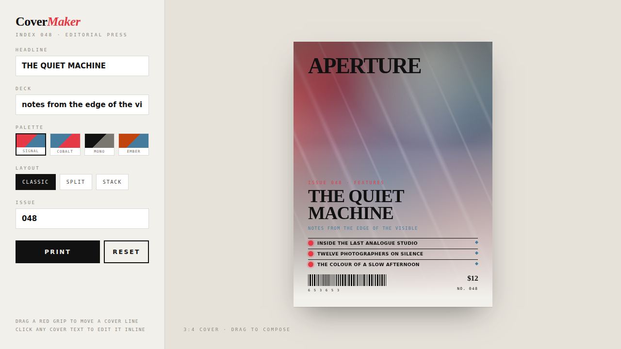 Cover Maker — an editorial press you can compose live — screenshot