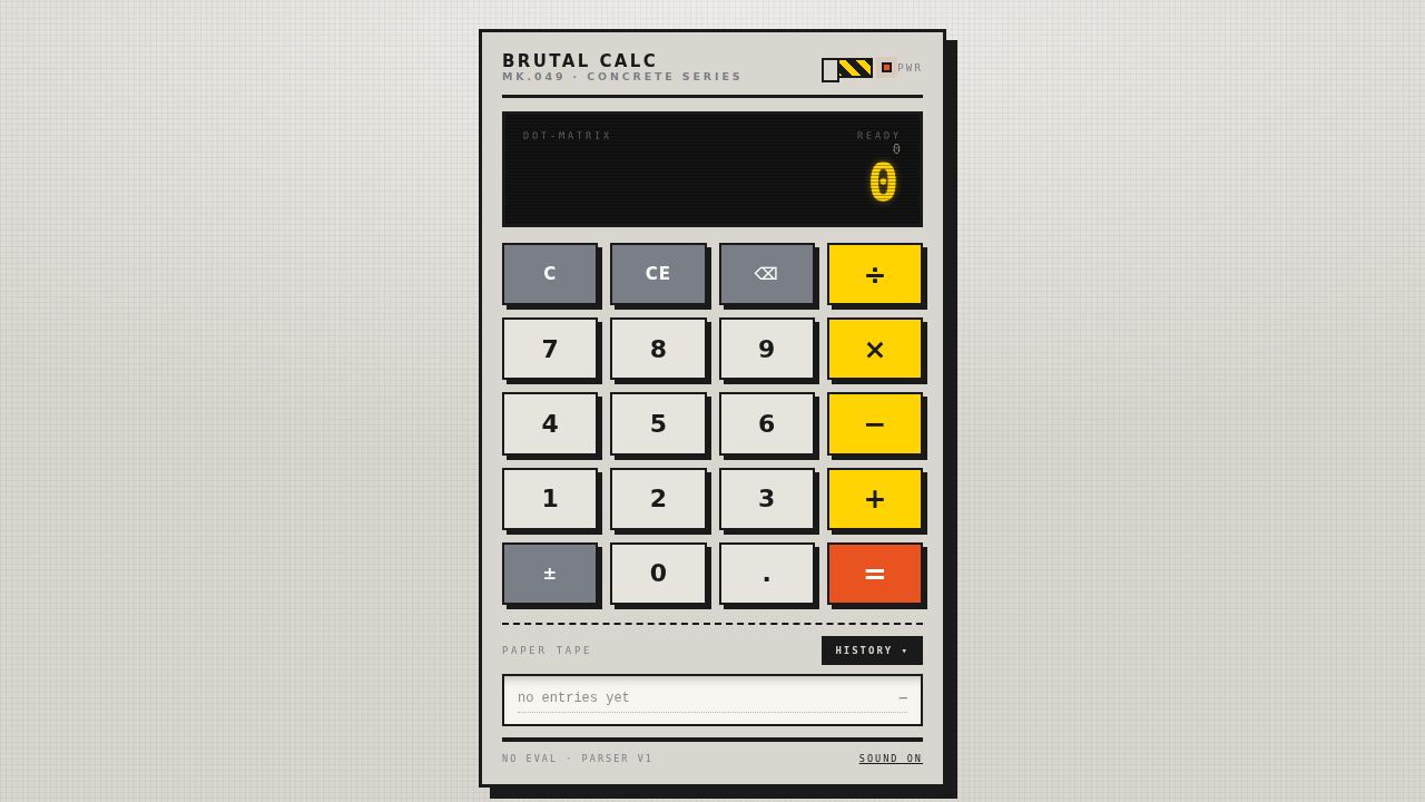 Brutal Calc MK.049 — concrete, steel and a paper tape — screenshot