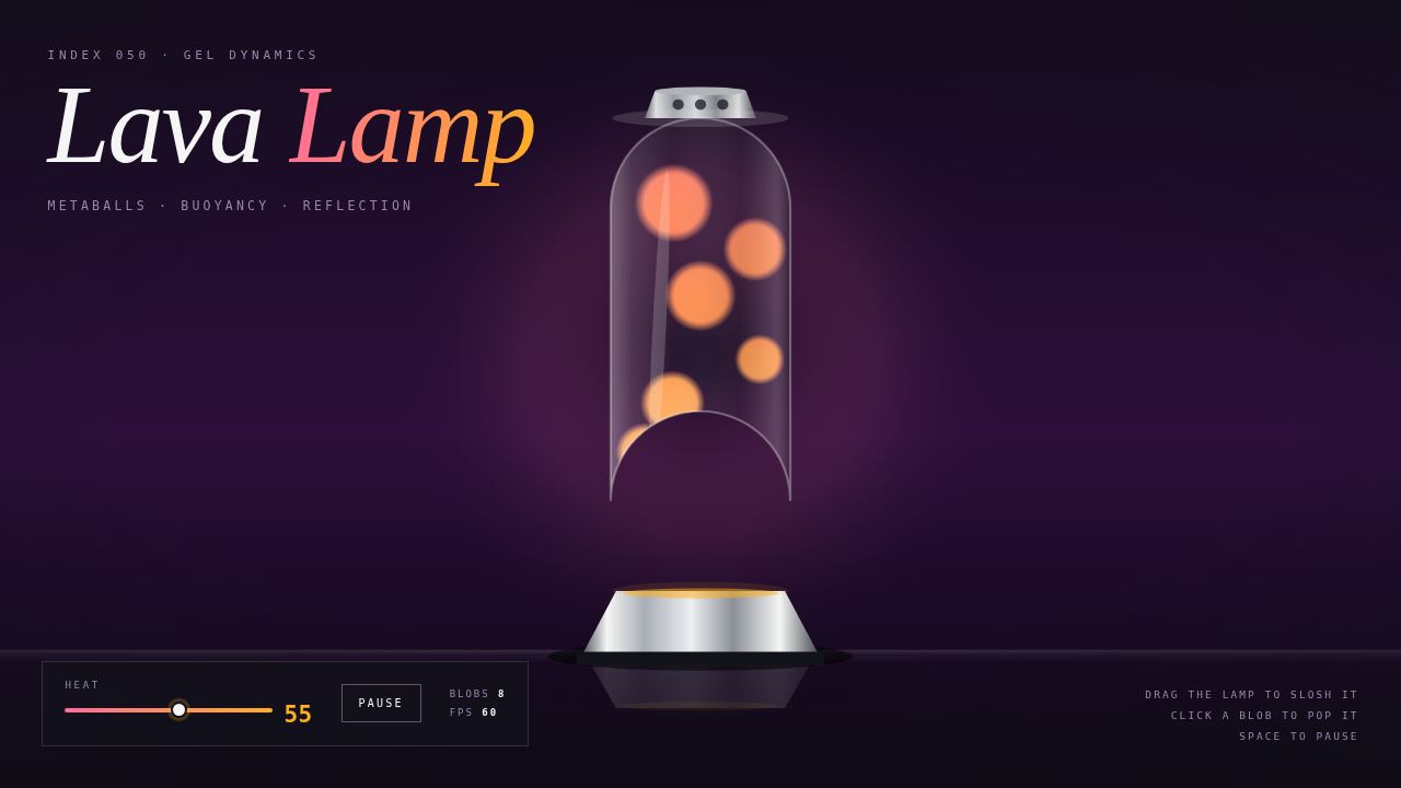 Lava Lamp — gel dynamics on a dark shelf — screenshot