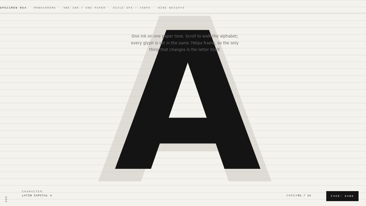 Specimen 054 — one ink, one paper tone, eight pixels to full bleed — screenshot