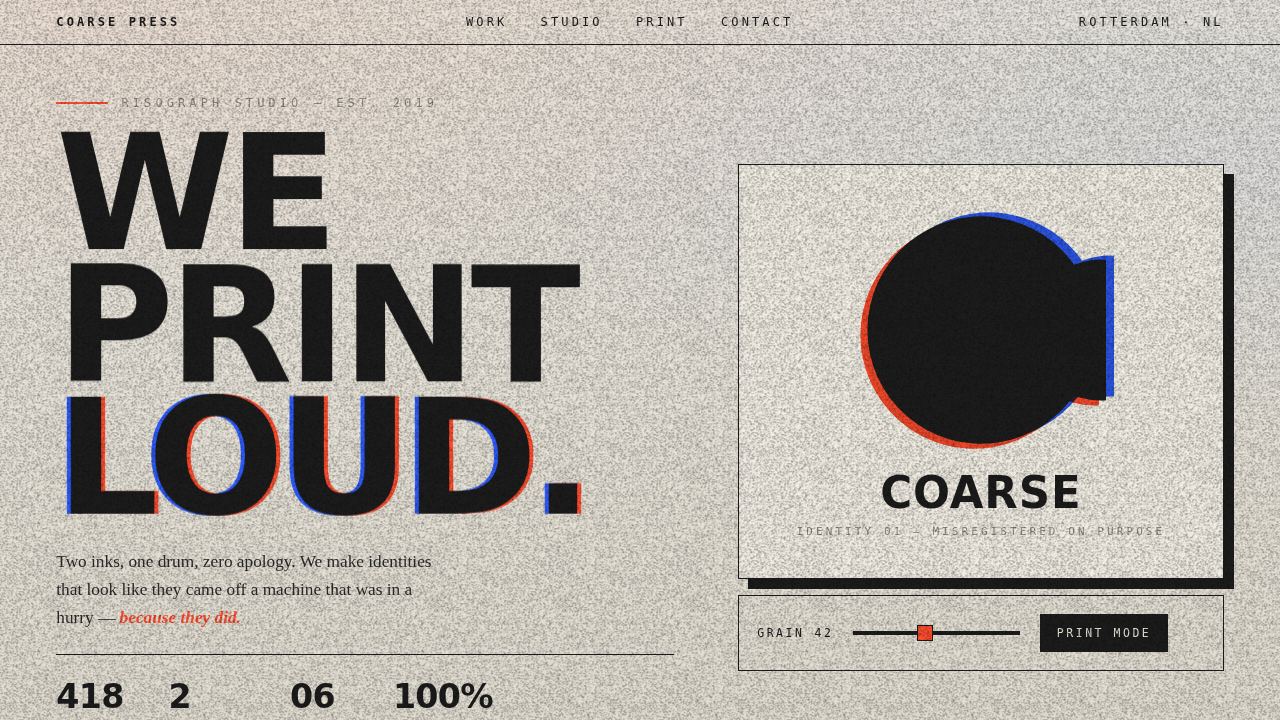 Coarse Press — an identity that ships misregistered — screenshot