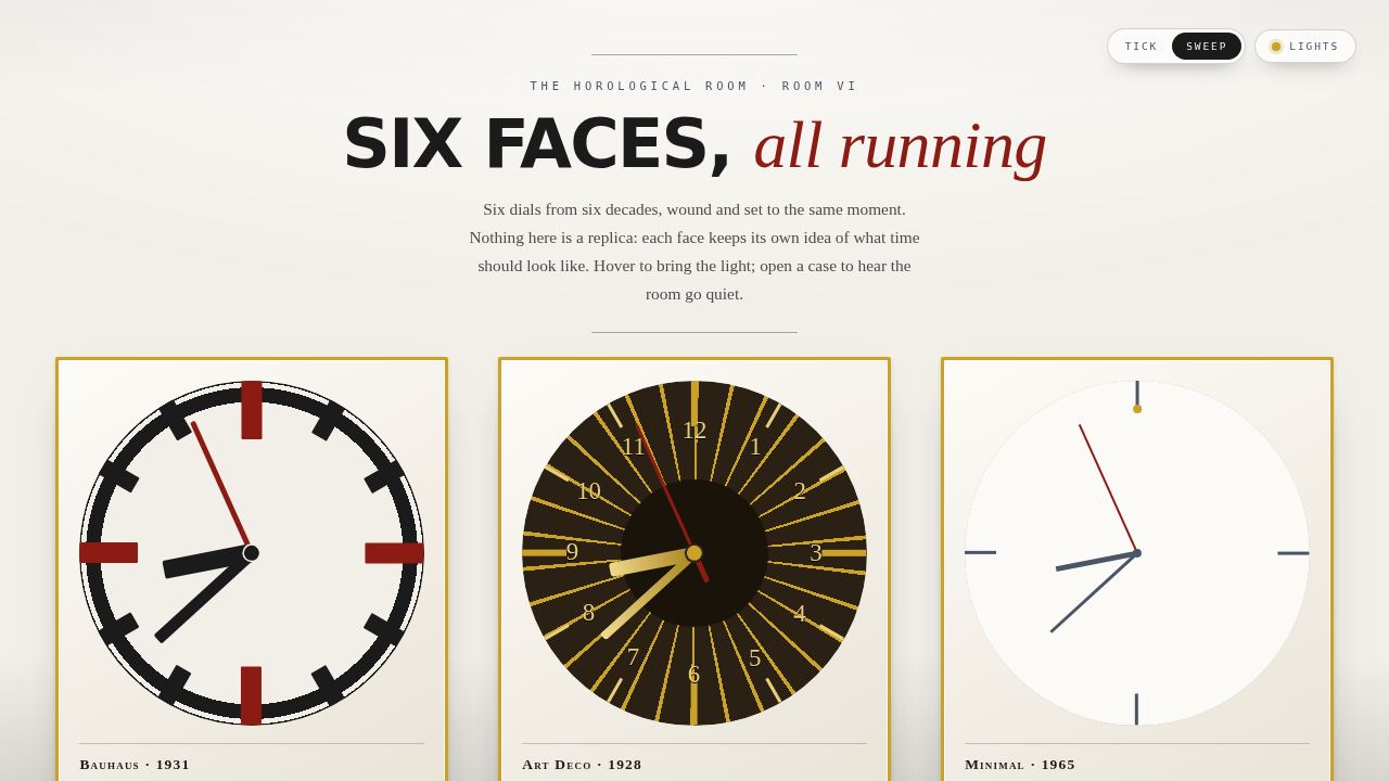 The Horological Room — Six Live Clock Faces in a Museum Gallery — screenshot