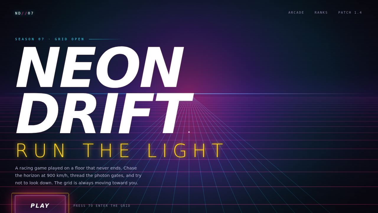 NEON DRIFT — A Nightclub Landing Page on an Endless Perspective Grid — screenshot