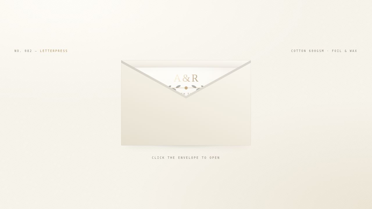 Amelia &amp; Rowan — a letterpress invitation in a sealed envelope — screenshot
