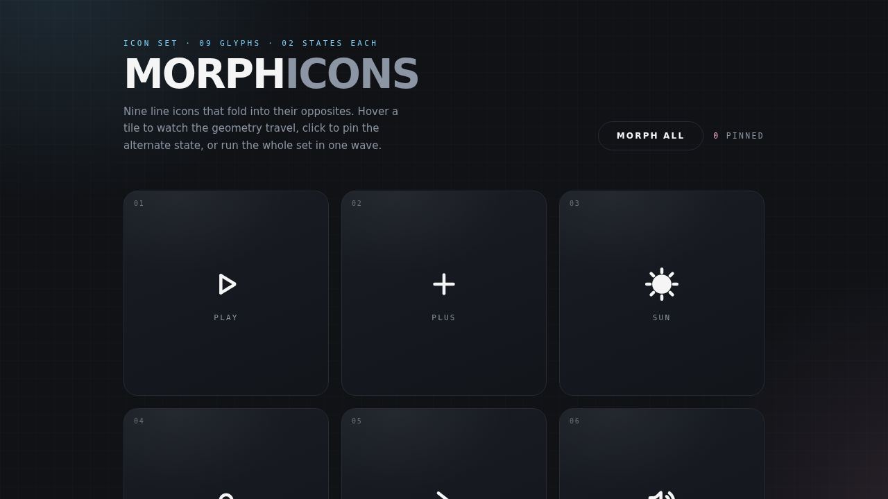Morphic Icons — nine line glyphs that fold into their opposites — screenshot