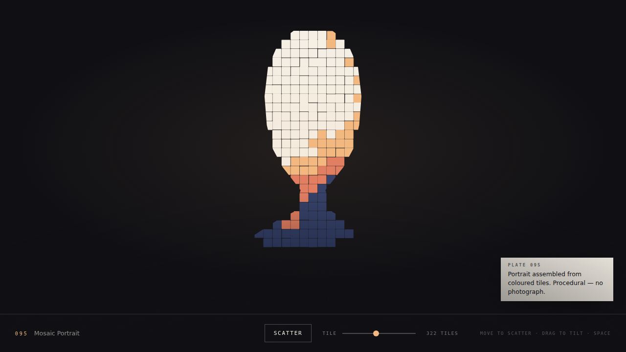 Mosaic Portrait — a face assembled from tiles that breathe, scatter and snap back — screenshot