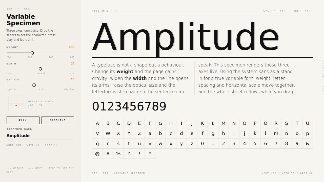Variable Specimen — Three Axes, One Voice — screenshot