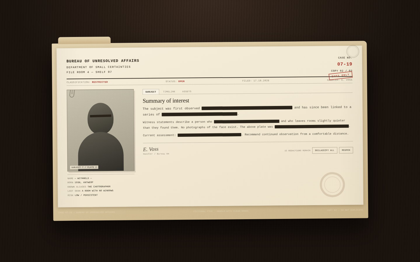 Case File 07-19 — Bureau of Unresolved Affairs screenshot