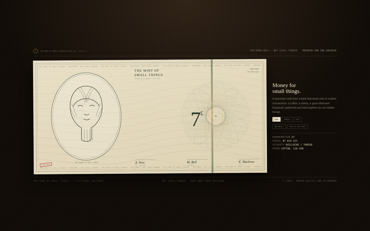 The Mint of Small Things — Specimen Note screenshot