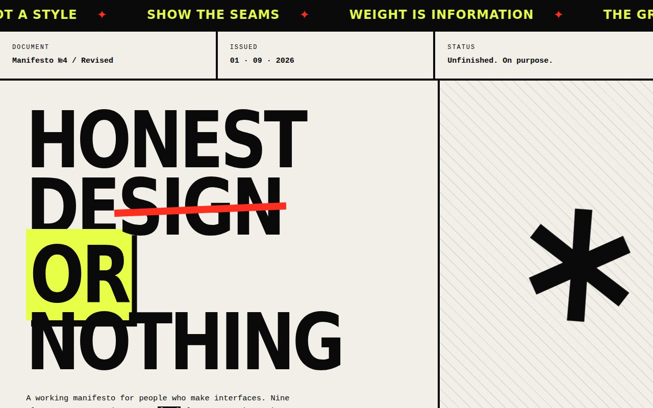 Honest Design or Nothing — Neo-Brutalist Manifesto screenshot
