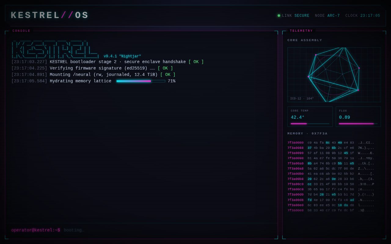 KESTREL//OS — Neon Cyberpunk Boot Terminal screenshot