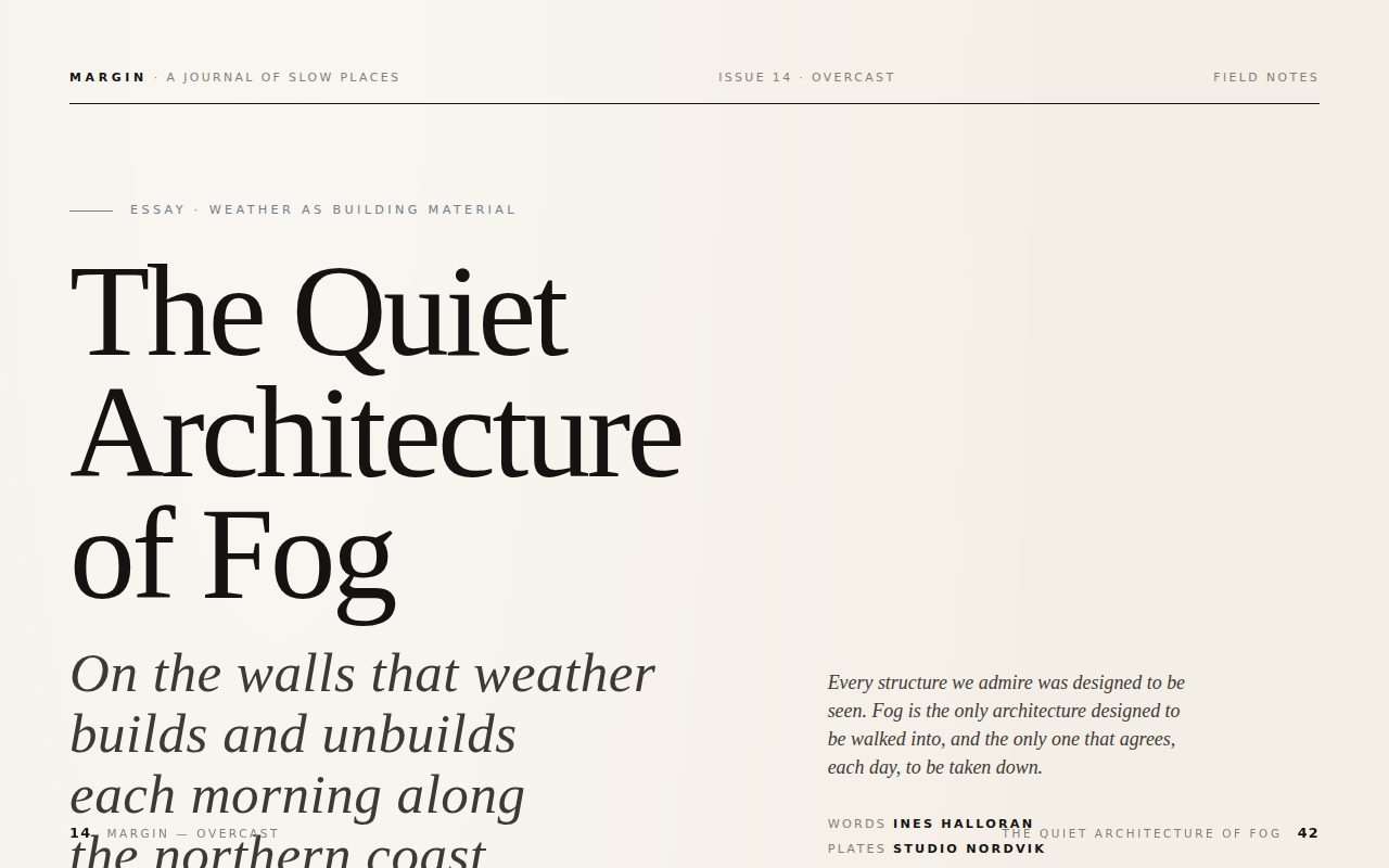 The Quiet Architecture of Fog — Editorial Magazine Spread screenshot