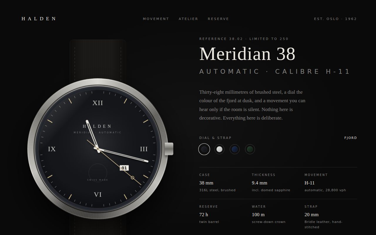 Halden Meridian 38 — Minimal Luxury Watch Page screenshot
