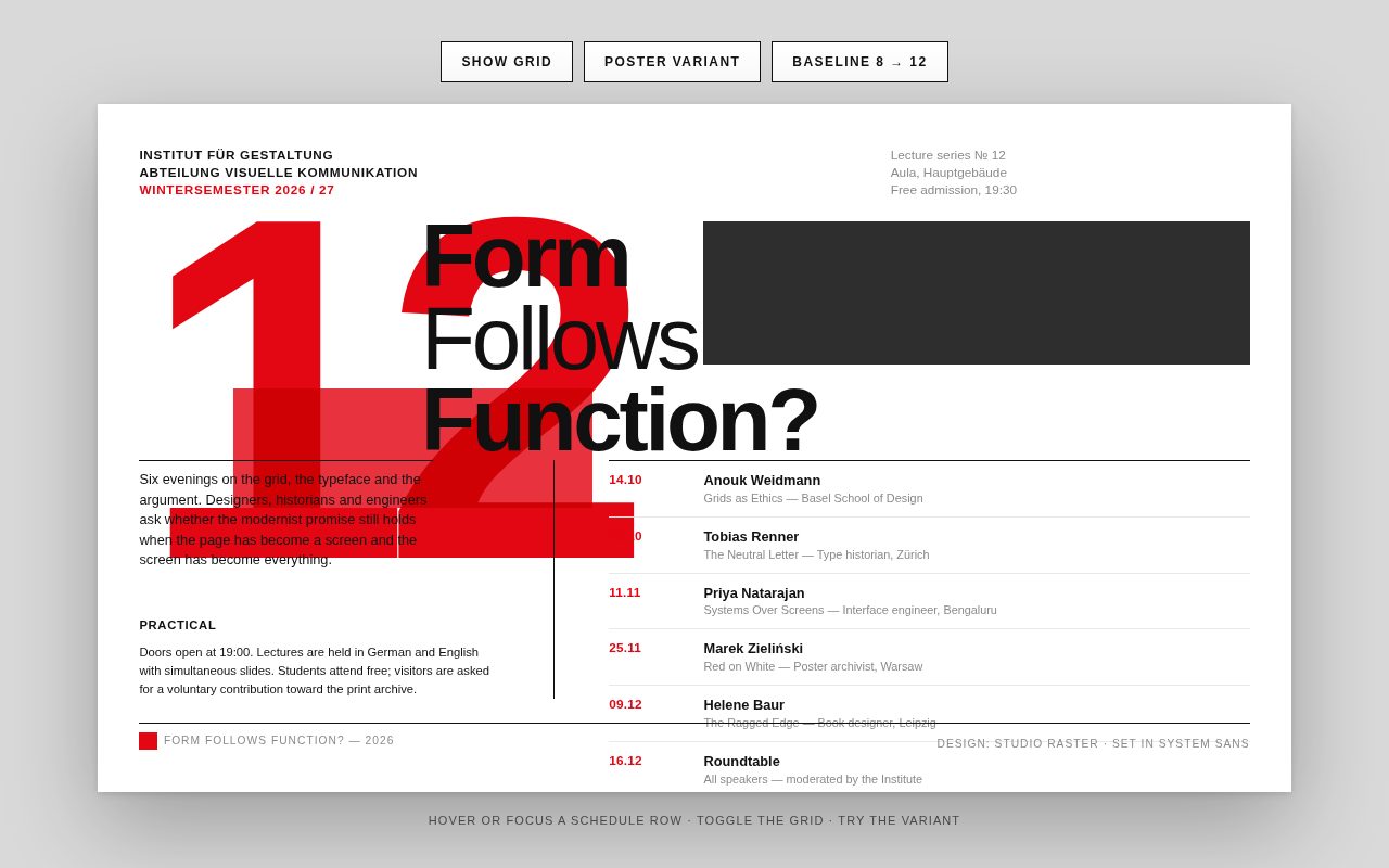 Form Follows Function? — Swiss Grid Lecture Poster screenshot