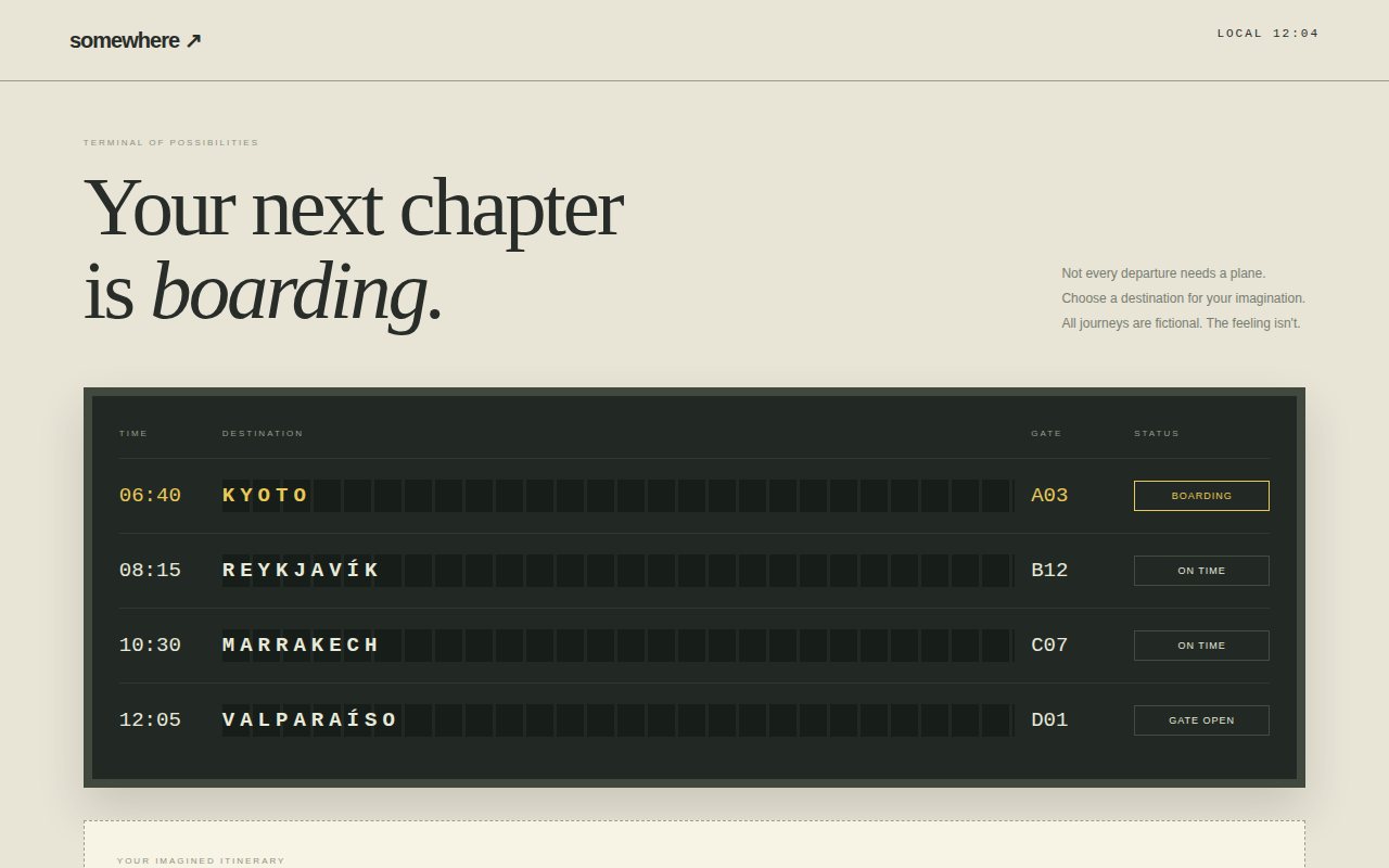Somewhere — Your Next Chapter Is Boarding — screenshot