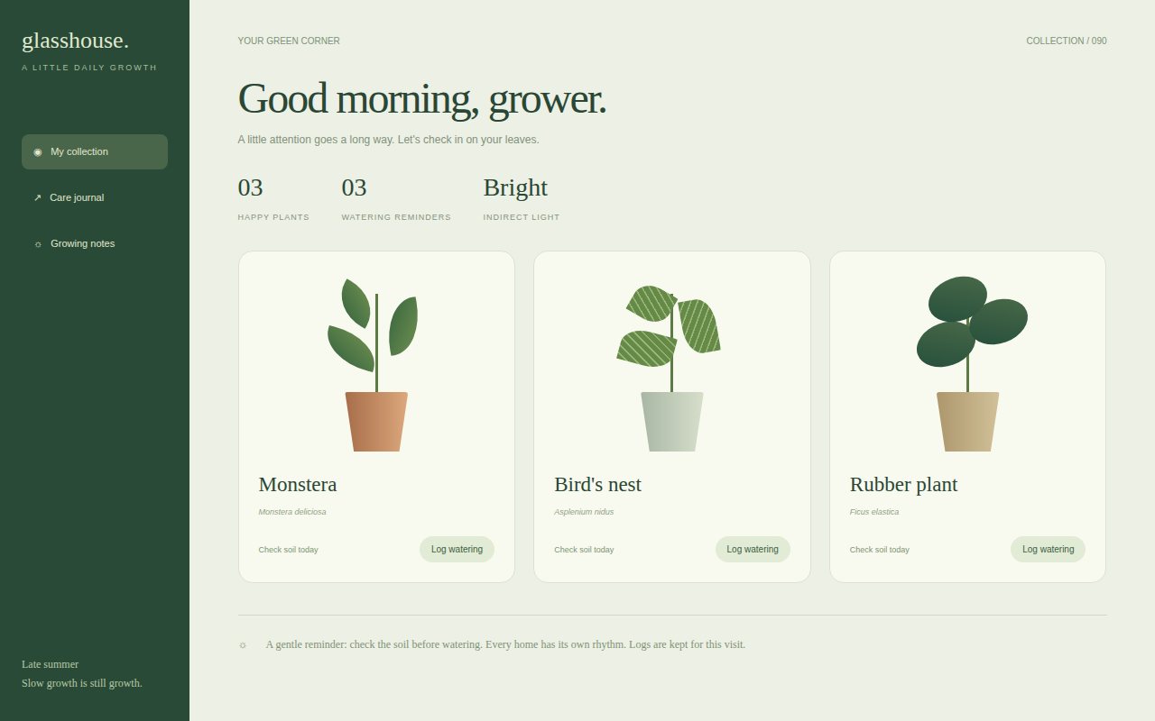Glasshouse — Plant care journal — screenshot