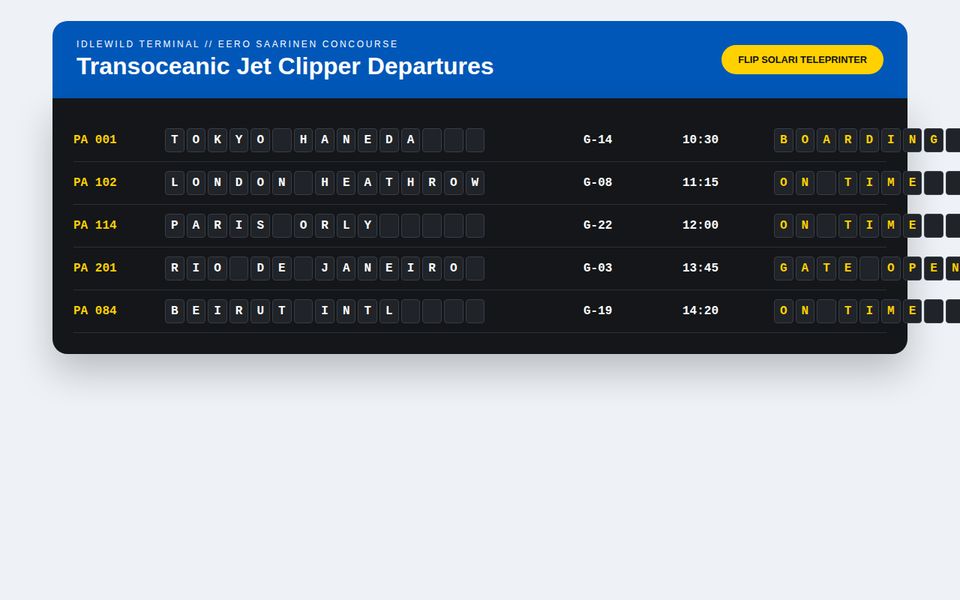Jet Clipper 1964 — Solari Split-Flap Departure Board screenshot