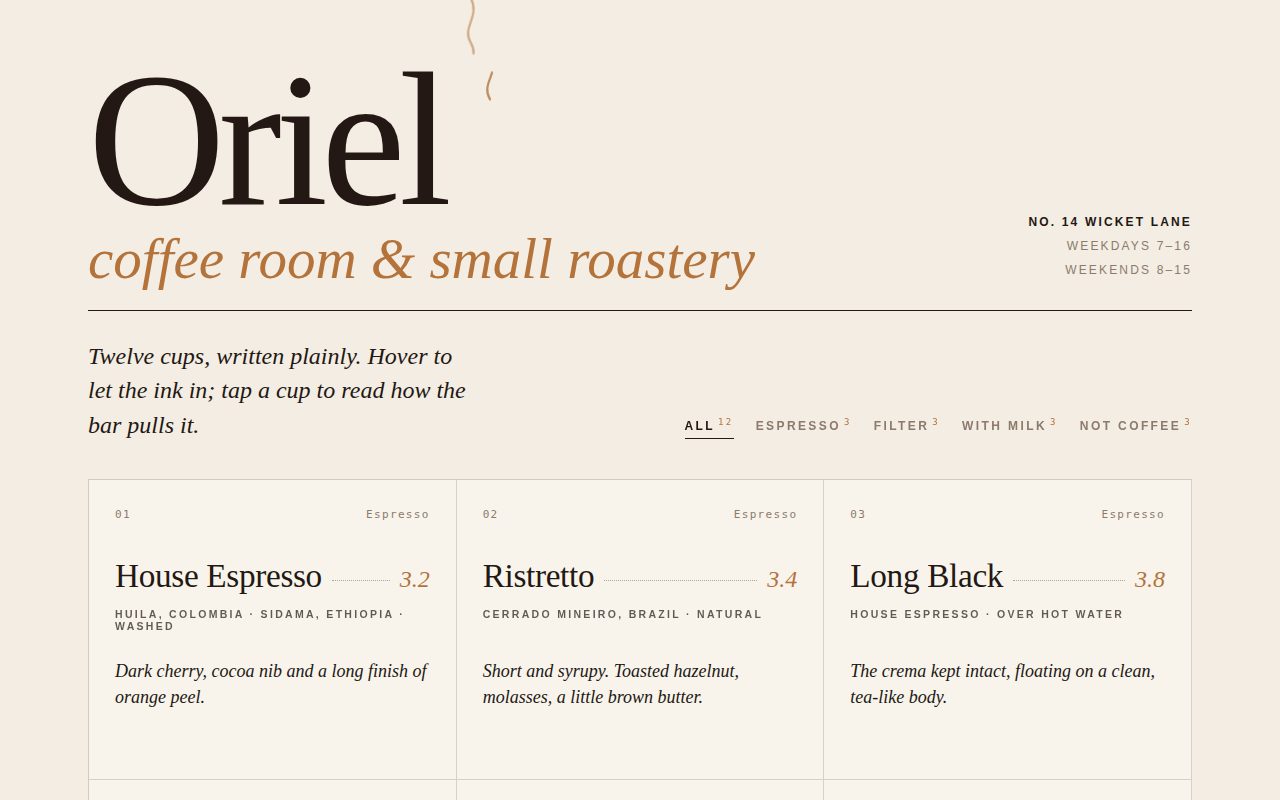 Screenshot of Oriel Coffee Menu