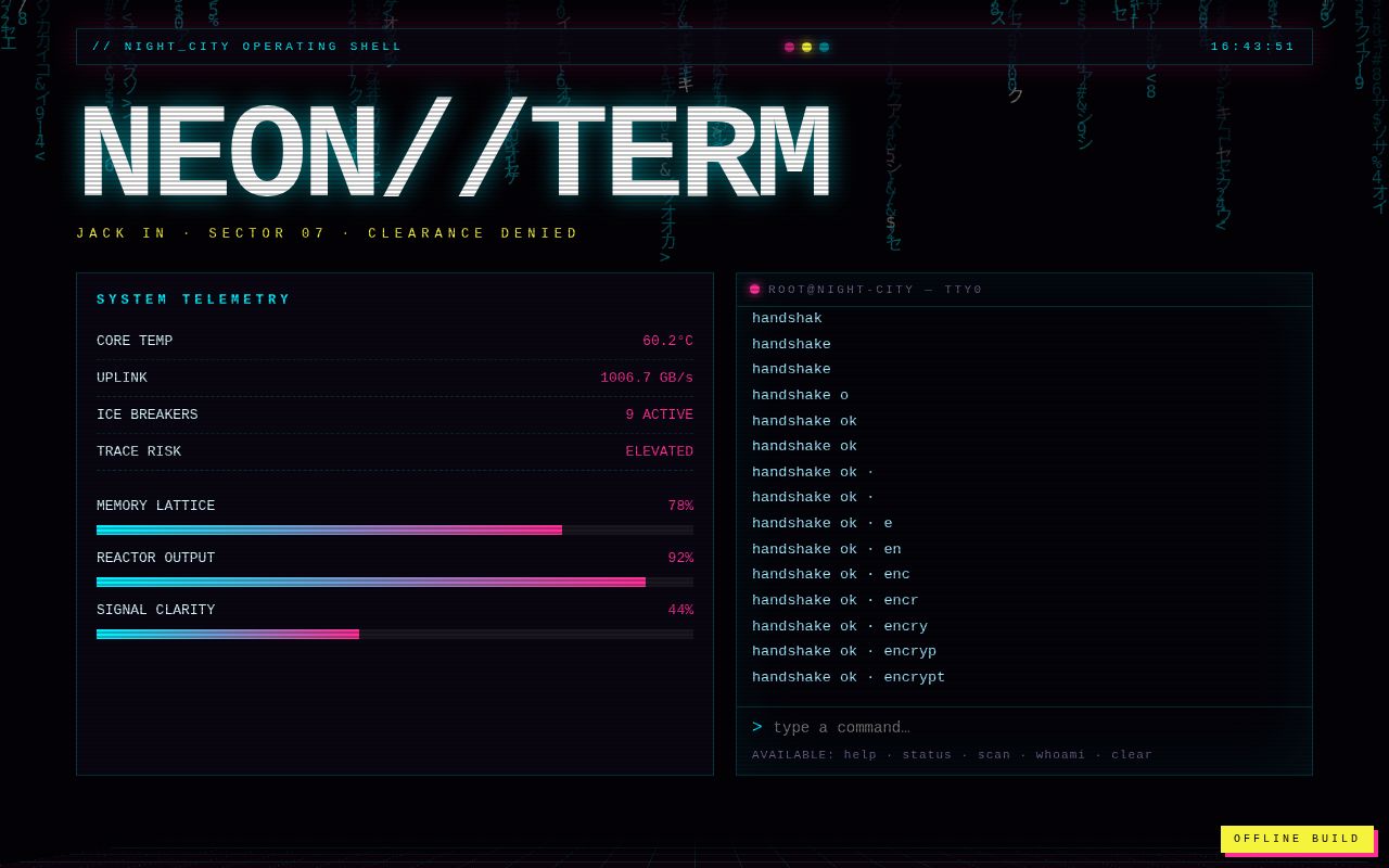Screenshot of Neon Terminal — Cyberpunk Operations Shell