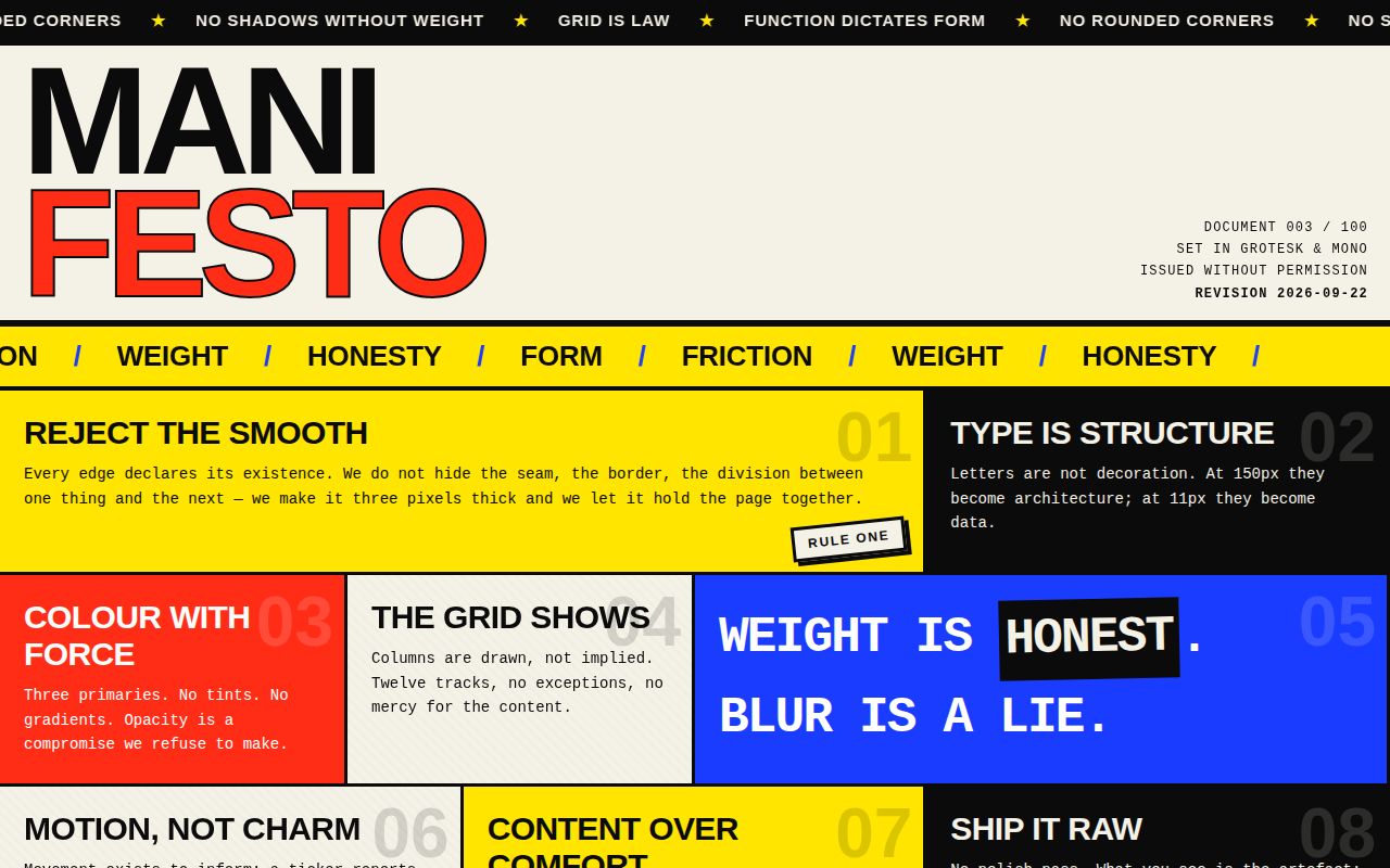 Screenshot of Brutalist Manifesto — Raw Editorial Manifesto Sheet
