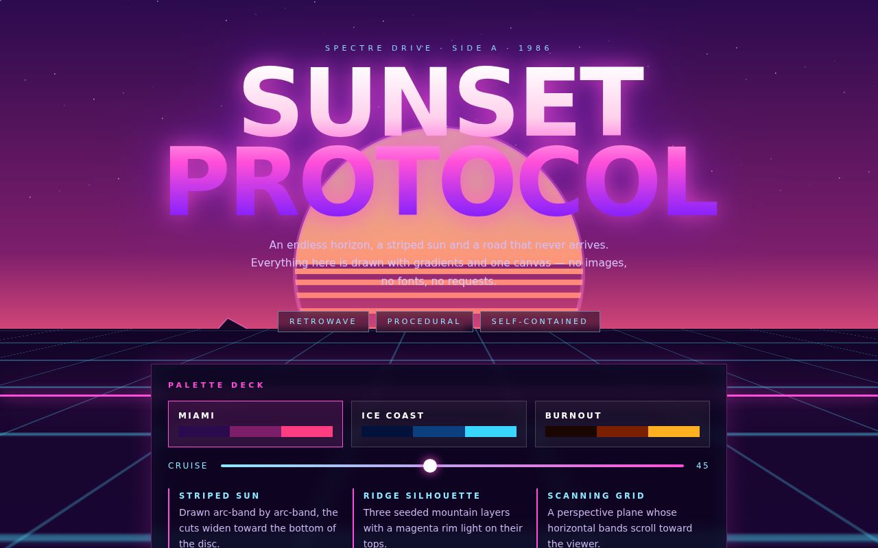 Screenshot of Synth Sunset — Procedural Retrowave Horizon