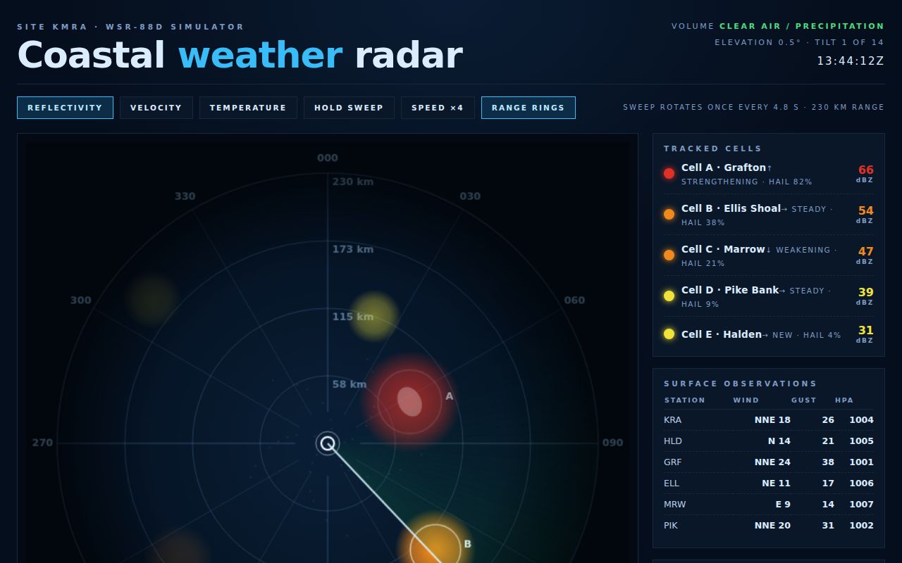 Screenshot of Weather Radar — Sweeping Canvas Scope with Storm Cells