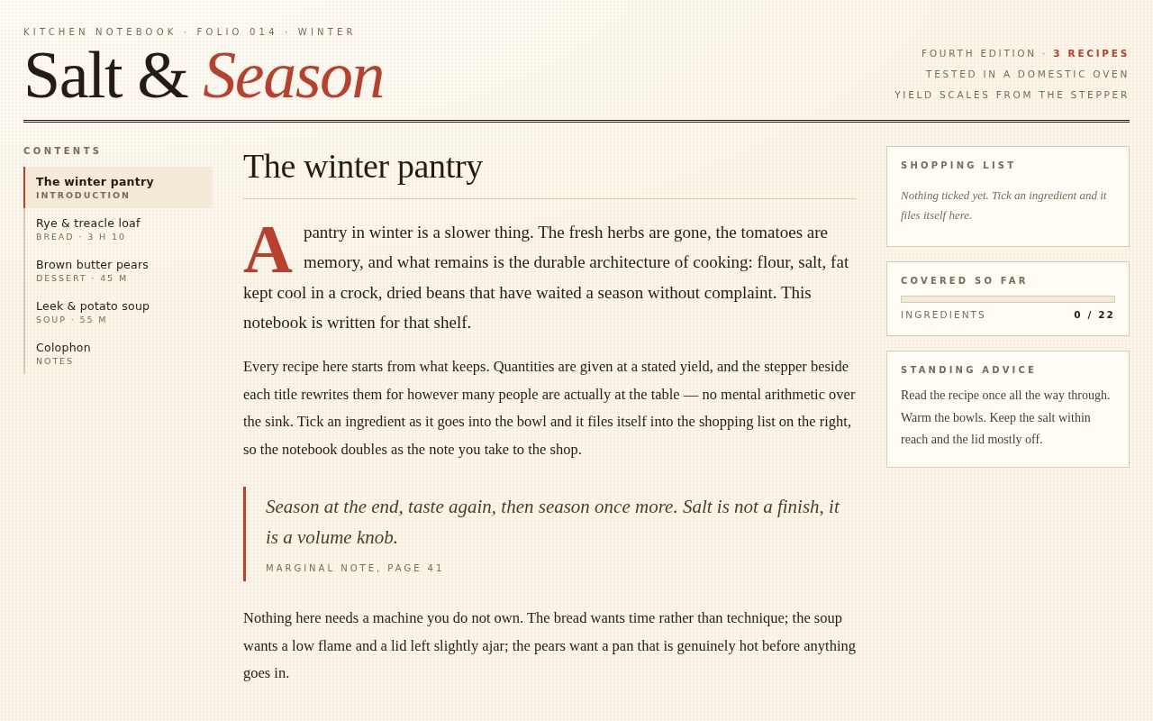 Screenshot of Kitchen Notebook — Editorial Cookbook with Sticky Index and Scaling Yields
