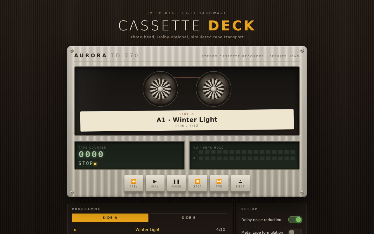 Screenshot of Cassette Deck — Skeuomorphic Tape Transport with Live VU Meters