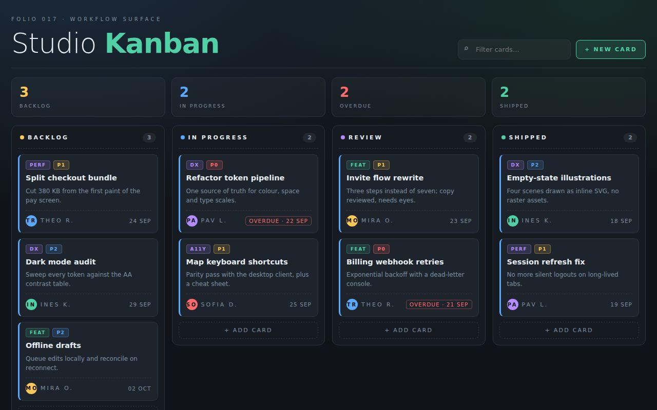 Screenshot of Studio Kanban — Drag-and-Drop Workflow Board