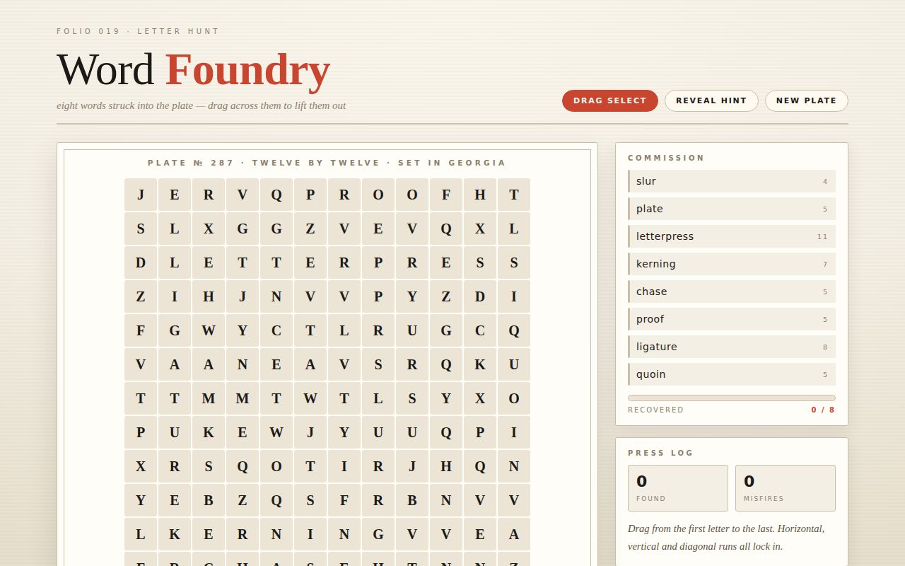 Screenshot of Word Foundry — Generated Word Search Set Like Letterpress