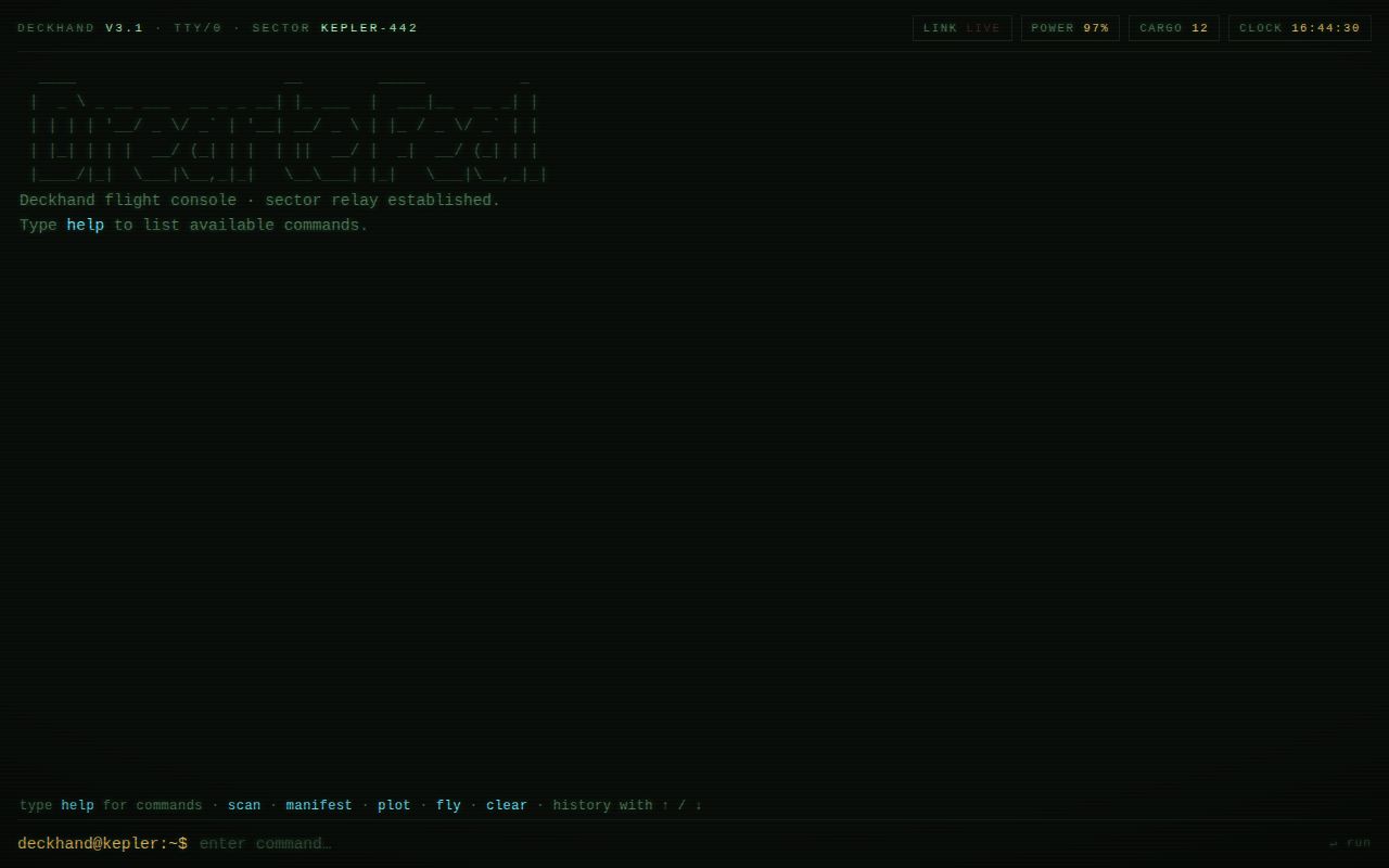 Screenshot of Deckhand Terminal — Simulated Flight Console with Command Parser