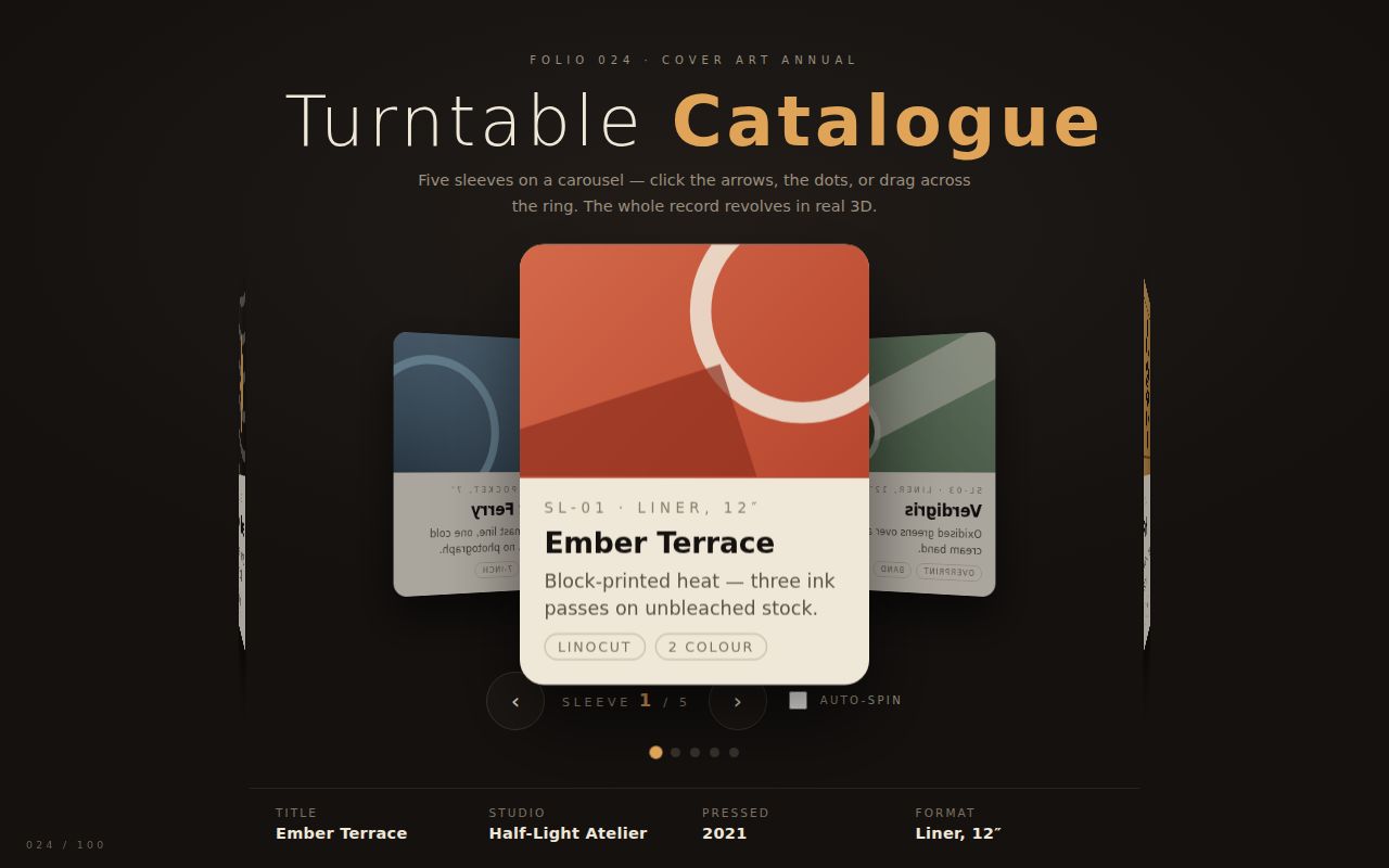Screenshot of Turntable Catalogue — CSS 3D Sleeve Carousel