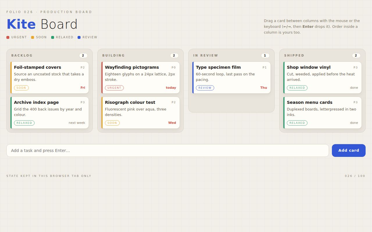 Screenshot of Kite Board — Drag-and-Drop Production Kanban