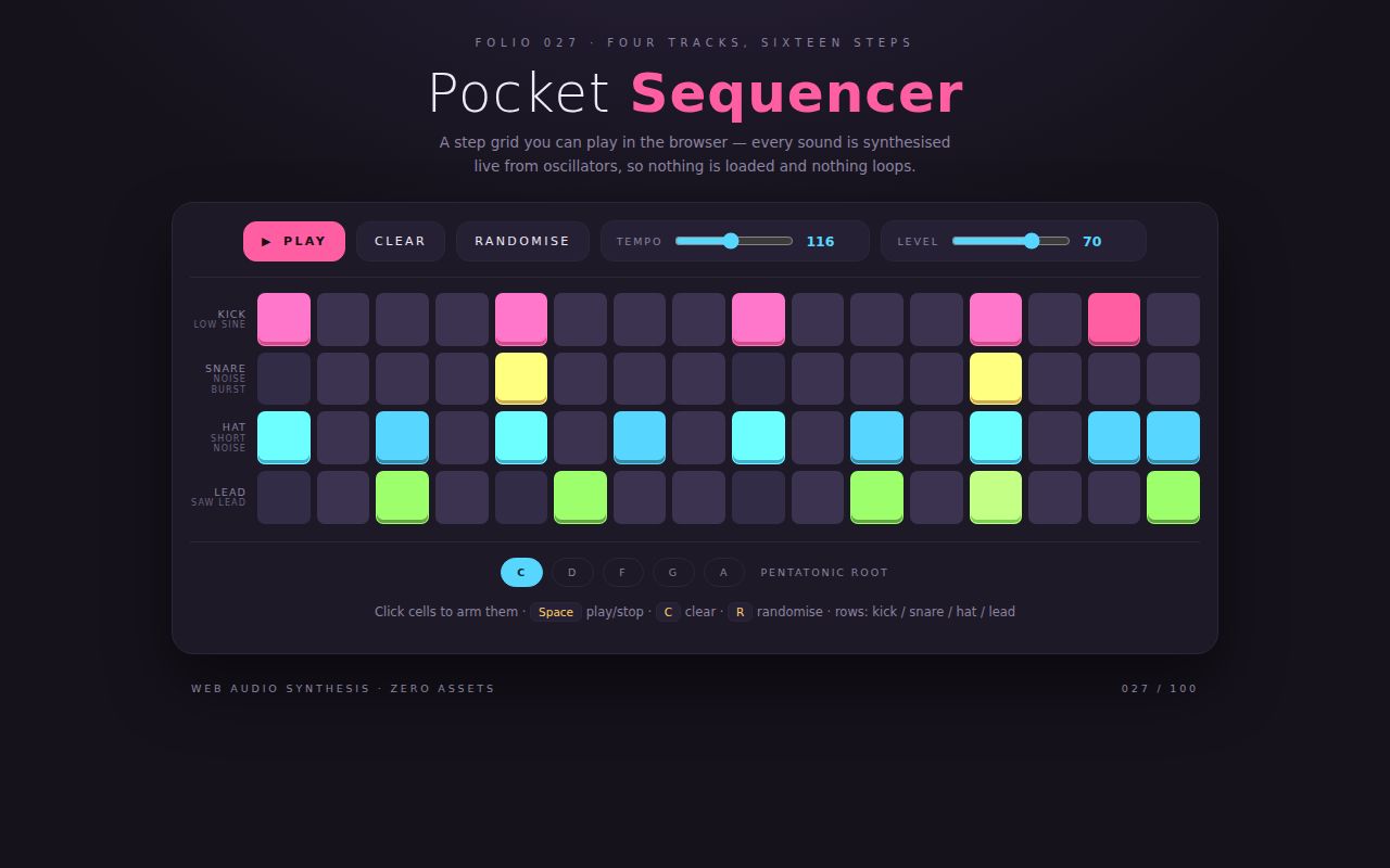 Screenshot of Pocket Sequencer — 16-Step Web Audio Drum Machine
