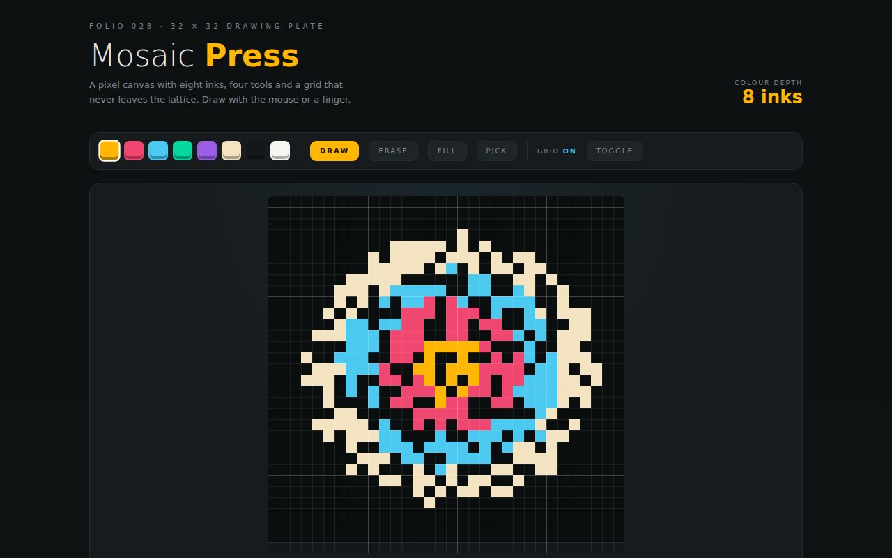 Screenshot of Mosaic Press — 32×32 Pixel Canvas Editor