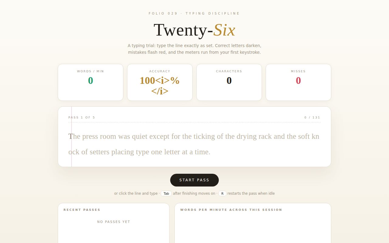 Screenshot of Twenty-Six — Typing Trial with Live Meters