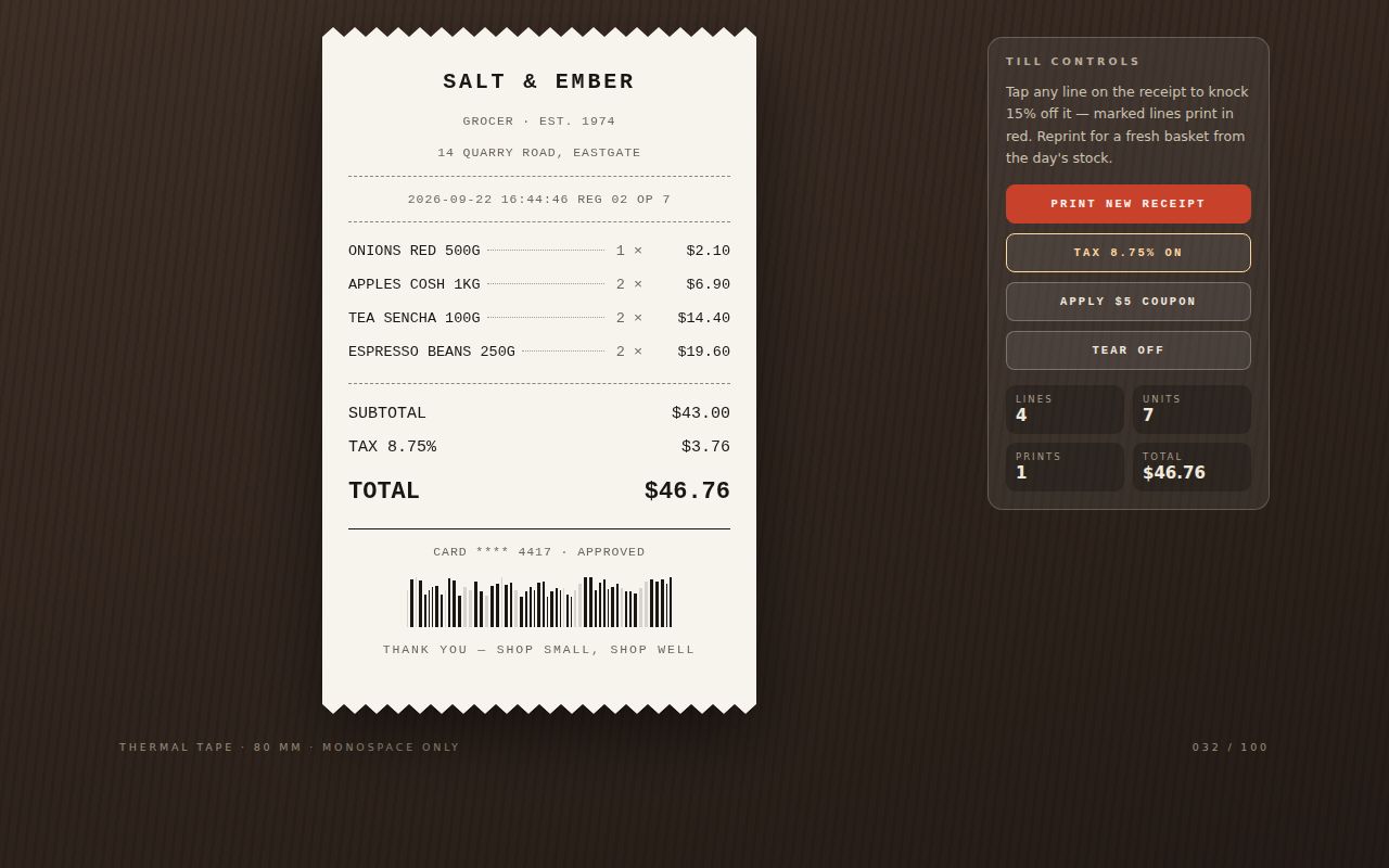 Screenshot of Receipt Tape — Torn Thermal Receipt with Live Totals