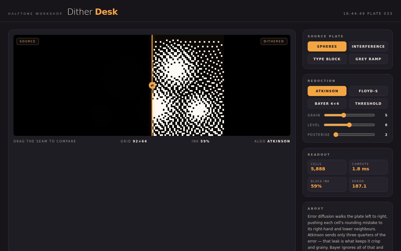 Screenshot of Dither Desk — One-Bit Halftone Reduction Bench