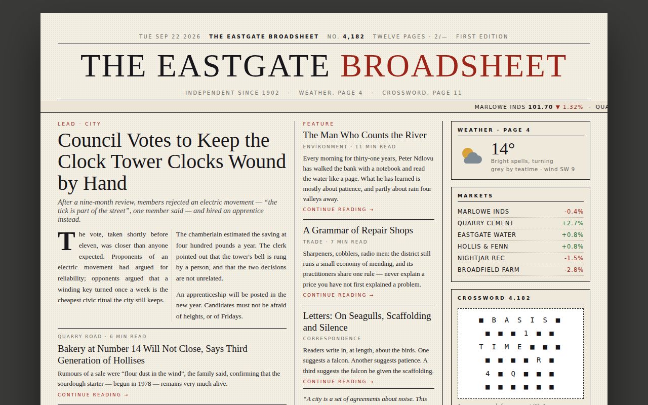 Screenshot of Broadsheet — The Eastgate Broadsheet Front Page